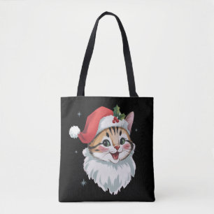 Bolsa Tote Chapéu de Papai Noel Rosa Gatinho Fofo Natal Retro