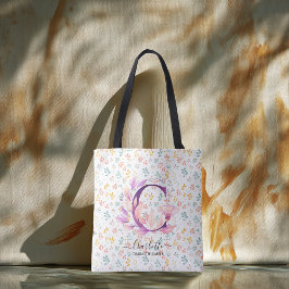 Bolsa Tote Charlotte Floral Elegante Monograma Flor de Pastel