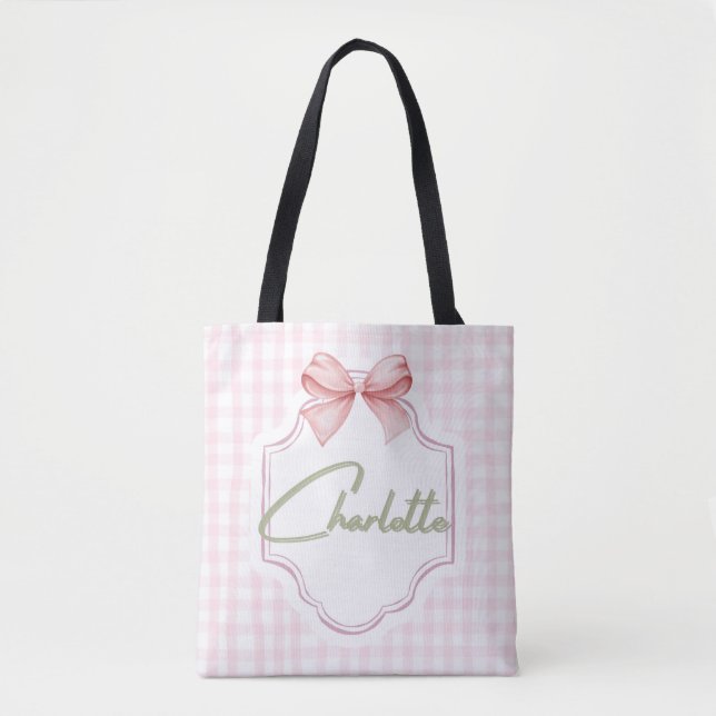 Bolsa Tote Charlotte Personalizada Arco Rosa & Gingham Impres (Frente)