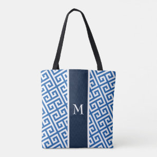 Bolsa Tote Chave Grega do Monograma Azul 