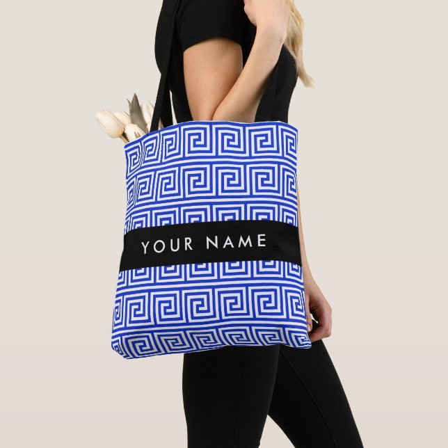 Bolsa Tote Chave Meandro Grega Azul, Seu Nome, Personalizar (Close Up)