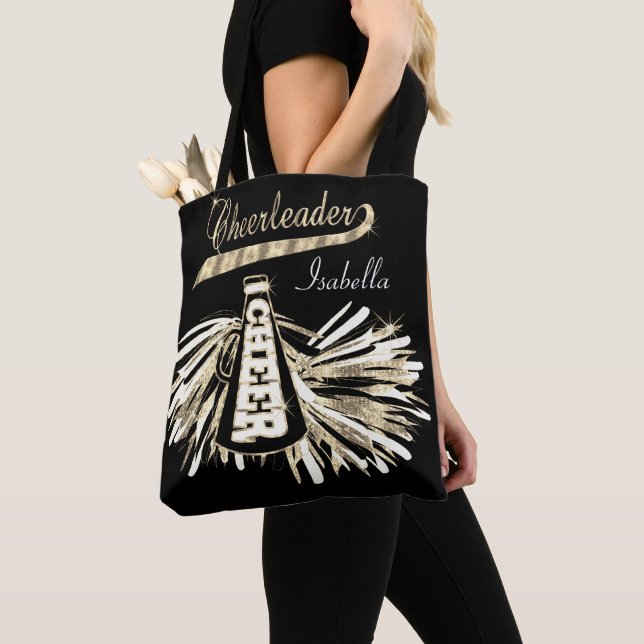 Bolsa Tote Cheerleader brilhante Dourado, preto e branco (Close Up)