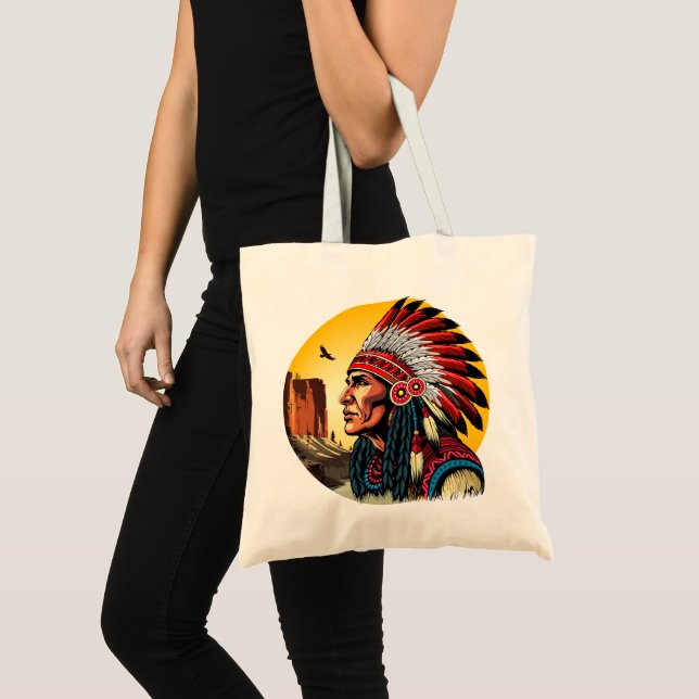 Bolsa Tote Chefe Americano Nativo na paisagem selvagem Sunset (Frente (produto))