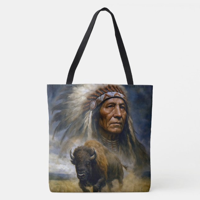Bolsa Tote Chefe Nativo Americano com Búfalo em Carga (Frente)