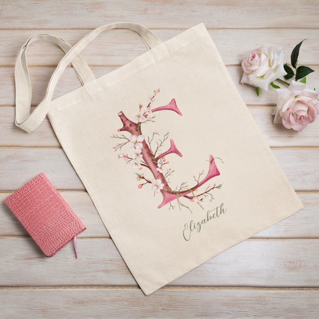 Bolsa Tote Cherry Blossom - Letra 'E' Monograma - Nome Person (Criador carregado)