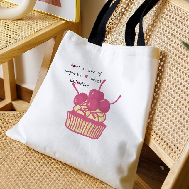 Bolsa Tote Cherry Cupcake Valentine – Hand-Drawn Dessert (Criador carregado)