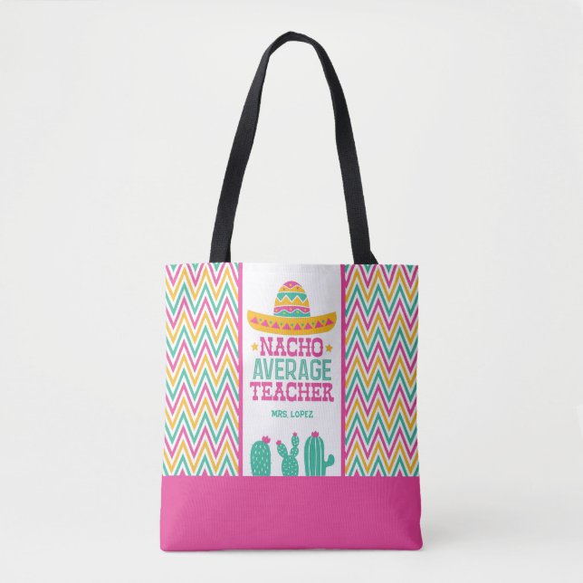 Bolsa Tote Chevron Cactus Funny Nacho Média Professora Fiesta (Frente)