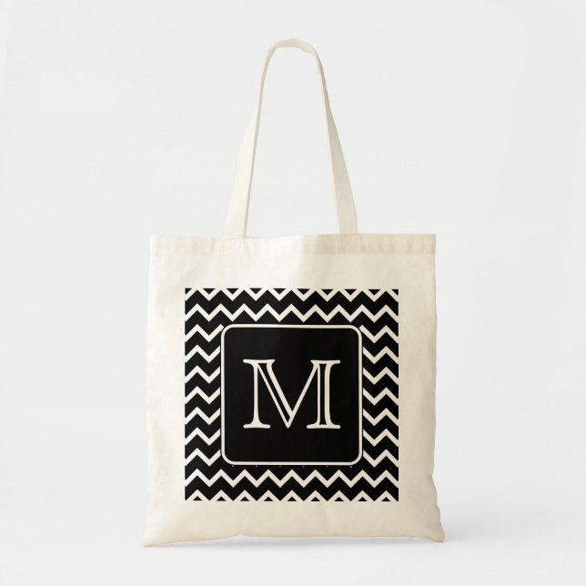 Bolsa Tote Chevron preto e branco com monograma feito sob (Frente)