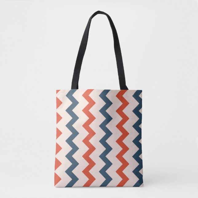 Bolsa Tote Chevron zigzag design azul escuro cor de laranja r (Frente)