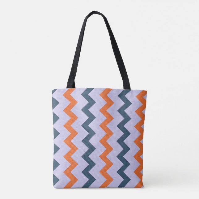 Bolsa Tote Chevron zigzag design azul escuro laranja em lilás (Verso)