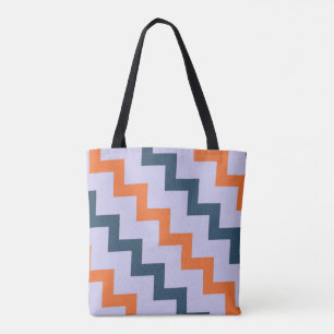 Bolsa Tote Chevron zigzag design azul escuro laranja em lilás