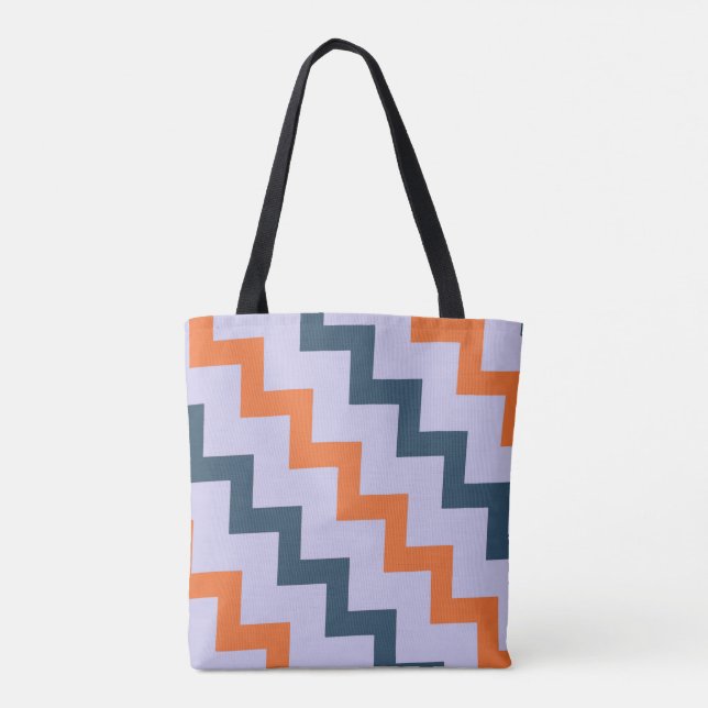 Bolsa Tote Chevron zigzag design azul escuro laranja em lilás (Verso)