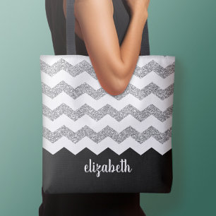 Bolsa Tote Chevrons e nome do Impressão de brilho preto e pra