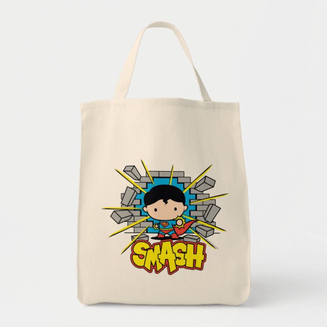 Bolsa Tote Chibi Superman Smashing Através da Parede de tijol (Frente)