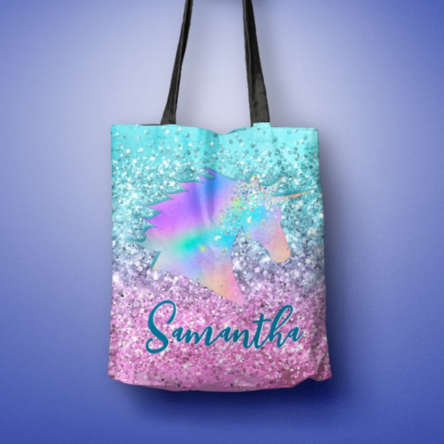 Bolsa Tote Chic Aqua Pink Unicorn Glitter monograma (Criador carregado)