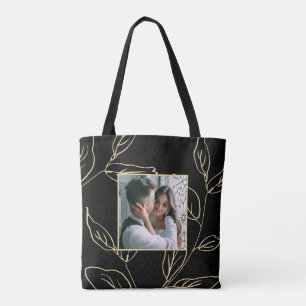 Bolsa Tote Chic Black and Faux Dourado Botanic with Photo
