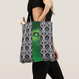 BOLSA TOTE CHIC BLACK BRANCO DAMASK JADE GREEN GEM MONOGRAMA