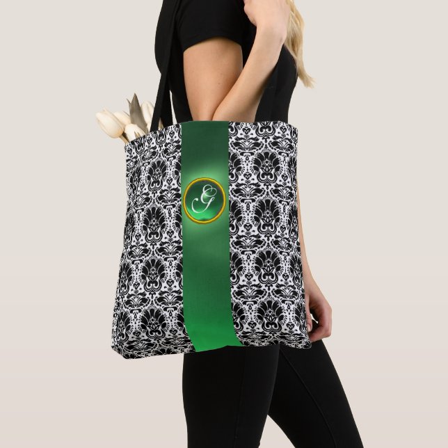 BOLSA TOTE CHIC BLACK BRANCO DAMASK JADE GREEN GEM MONOGRAMA (Close Up)