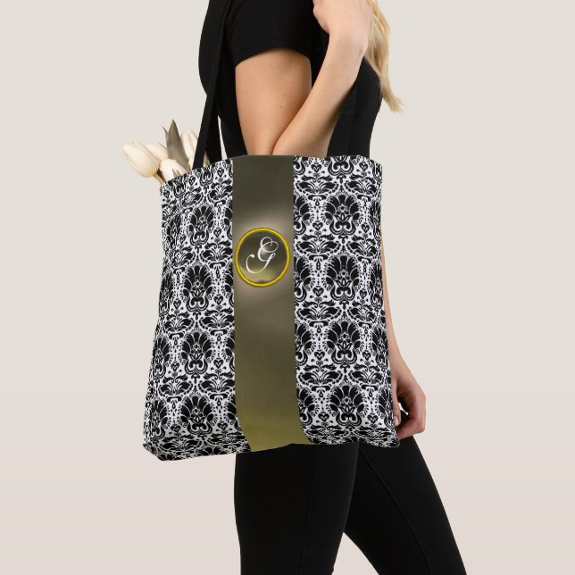 BOLSA TOTE CHIC BLACK WHITE DAMASK CINZA GEM MONOGRAMA (Close Up)
