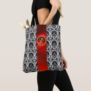 BOLSA TOTE CHIC BLACK WHITE DAMASK RED RUBY GEMSTONE MONOGRAM