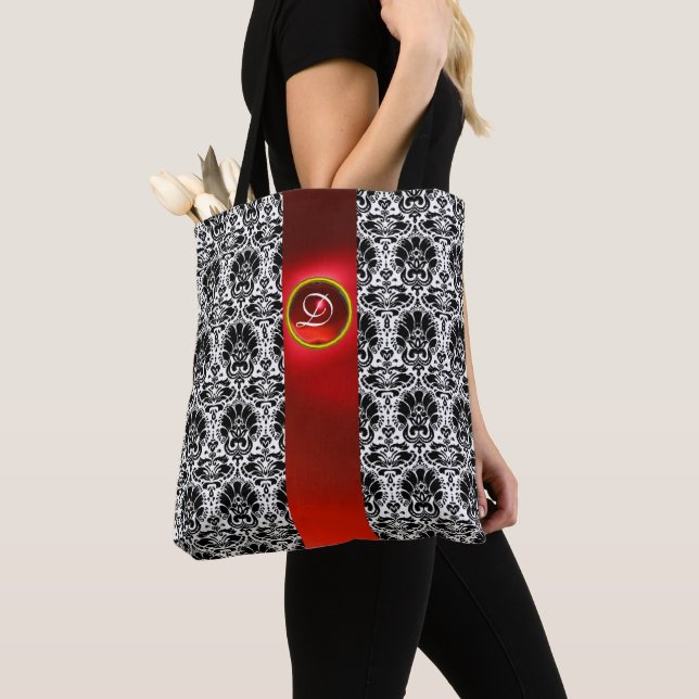 BOLSA TOTE CHIC BLACK WHITE DAMASK RED RUBY GEMSTONE MONOGRAM (Close Up)