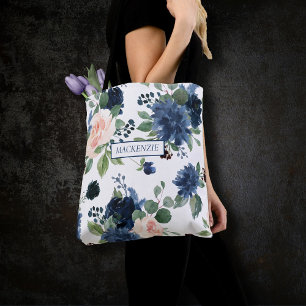 Bolsa Tote Chic Blooms Azul-Marinho e cor-de-rosa-esbranqui
