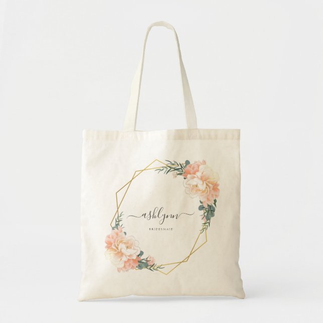 Bolsa Tote Chic Blush Peach Geométrico Dourada Floral Bridesm (Frente)