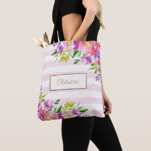Bolsa Tote Chic Floral Aquarela Rosa e Listras Brancas