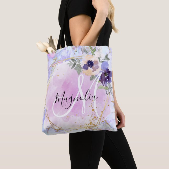 Bolsa Tote Chic Floral Azul Rosa Dourado Arco-íris Mármore Mo (Close Up)