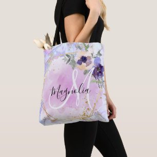 Bolsa Tote Chic Floral Azul Rosa Dourado Arco-Íris Monograma