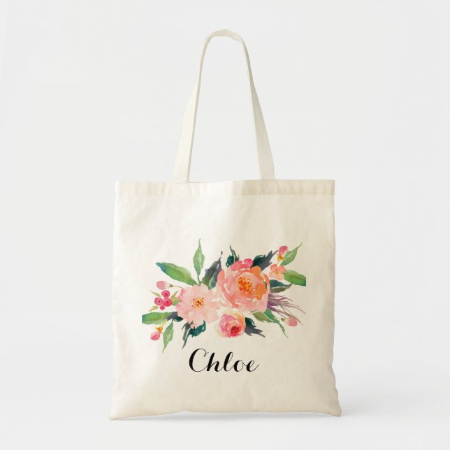 Bolsa Tote Chic Floral Bridesmaid Personalizado Bem-Vindo (Frente)