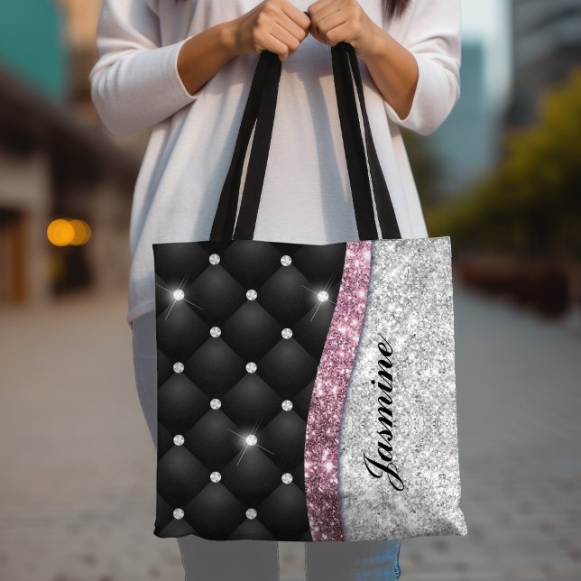 Bolsa Tote Chic girly faux Silver glitter black pink monogram (Criador carregado)