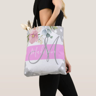 Bolsa Tote Chic & Girly Floral White Pink Cinza Monograma Nom