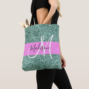 Bolsa Tote Chic Glam Rosa Verde Brilho Brilhar Nome Monograma