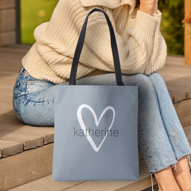 Bolsa Tote Chic Heart Personalizado Dusty Blue (Custom Tote Bag by PartyInvitationShop.com)