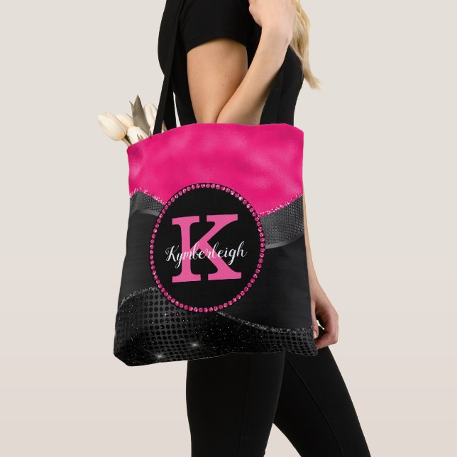 Bolsa Tote Chic Hot Pink Cinza Negra Ondas Glam Monograma Nom (Close Up)