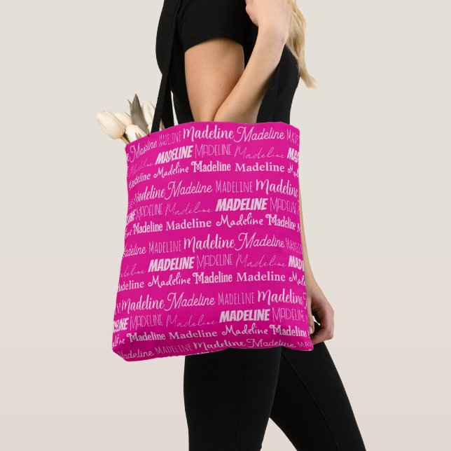Bolsa Tote Chic Hot Pink Personalized Name Collage (Close Up)
