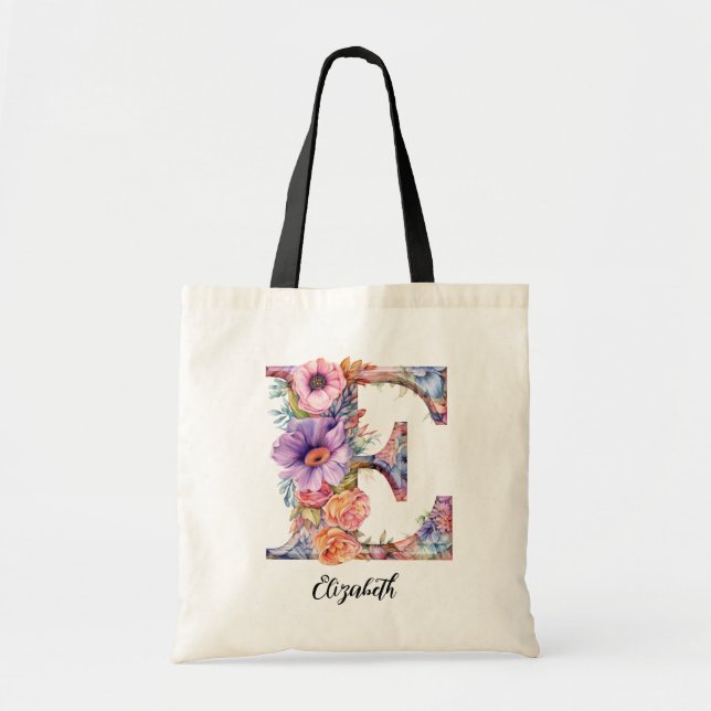 Bolsa Tote Chic - Letra E | Whimsical Floral Monograma (Frente)