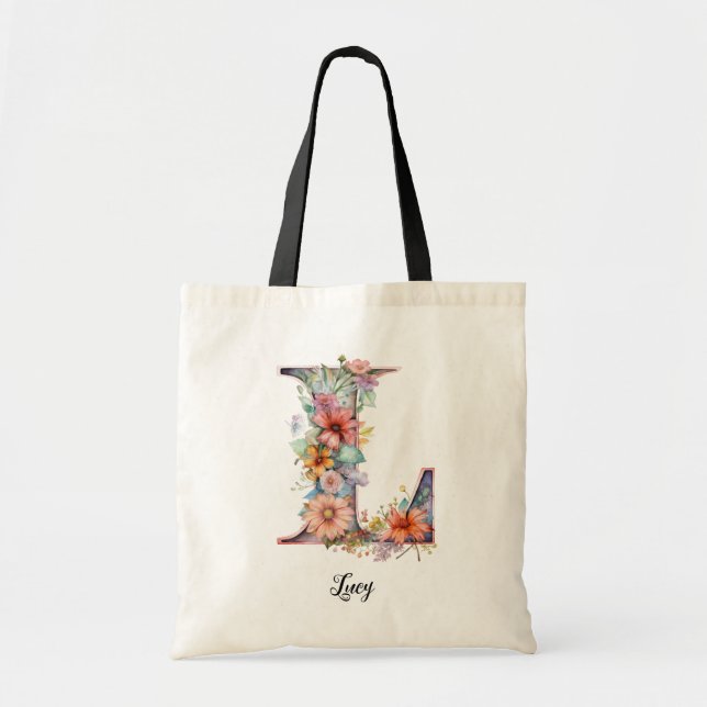 Bolsa Tote Chic - Letra L | Whimsical Floral Monograma (Frente)