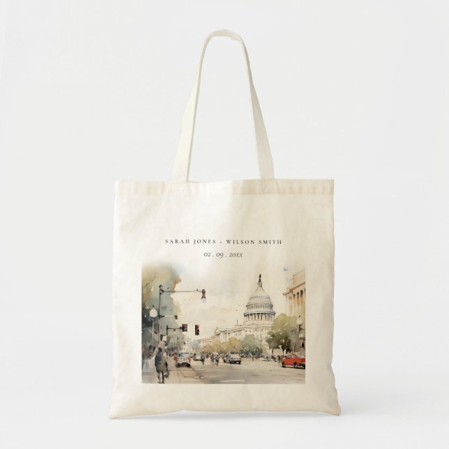 Bolsa Tote Chic Minimal Washington DC, EUA Watercolor Wedding (Frente)