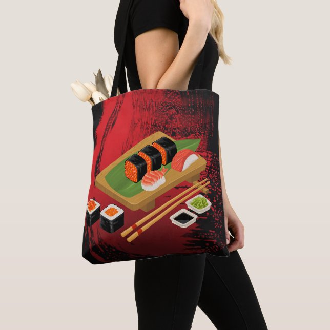 Bolsa Tote Chic Modern Elegante Black & Red Sushi (Close Up)