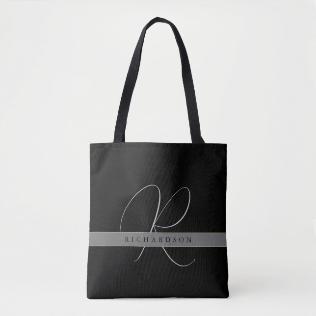 Bolsa Tote Chic Monograma Nome inicial Cinza de carvão preto (Frente)