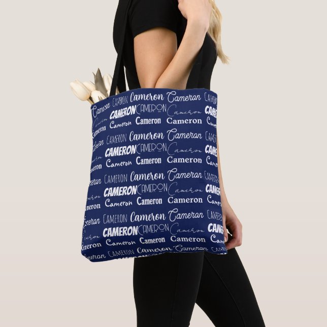 Bolsa Tote Chic Navy Blue Personalized Name Collage (Close Up)