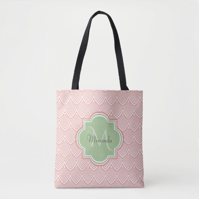 Bolsa Tote Chic Pink Arch Scallops Suave Verde Monograma Nome (Frente)