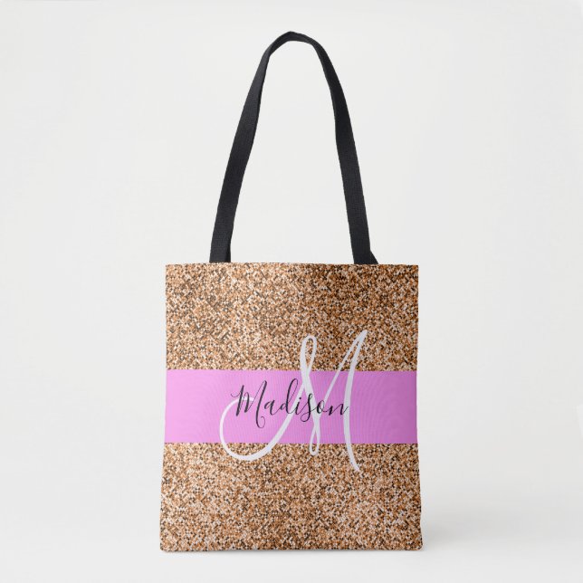 Bolsa Tote Chic Pink & Pumpkin Glitter Sparkles Nome do Monog (Frente)
