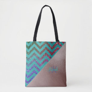 Bolsa Tote Chic Rosa Dourado Glittery Chevron Teal Green Name