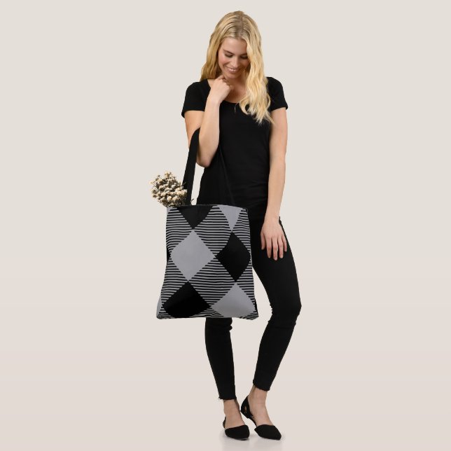 Bolsa Tote Chic Rústico Xadrez Cinza e Branco  (No(a) Modelo)