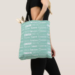 Bolsa Tote Chic Seafoam Green Personalized Name Collage<br><div class="desc">Chic seaside mint green name collage tote bag decorated in nine different fonts spelling a custom name in white. Cute personalized gift with trendy typography.</div>