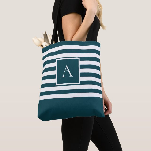 Bolsa Tote CHIC TEAL WHITE STRIPE Square - Letra Monograma (Close Up)