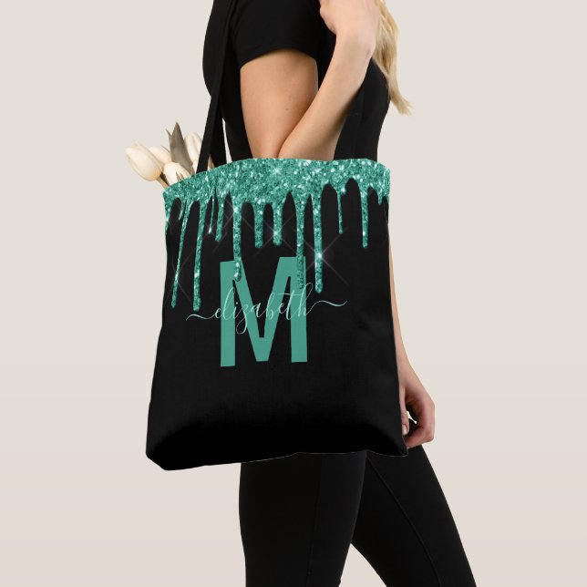 Bolsa Tote Chic Turquoise Derrubando Glitter Monograma Nome (Close Up)